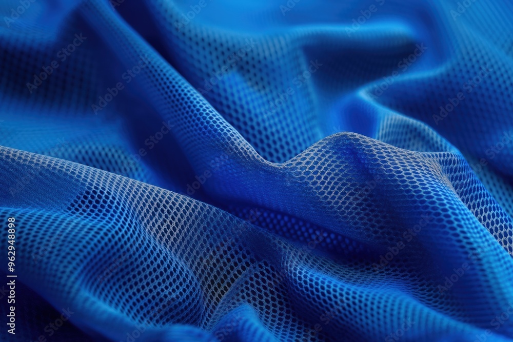 Poster Blue fabric close-up shows grid pattern texture with slight wrinkles, adding depth. Blurred background emphasizes intricate design. Colorful image showcases blue fabric vibrant appearance.