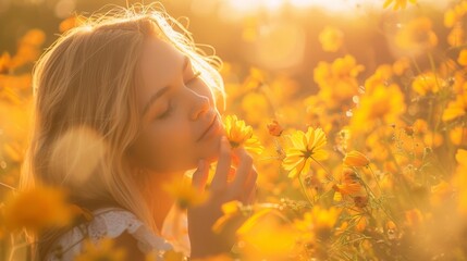 Fototapeta premium Woman enjoying sunlight and floral scent in a field of yellow flowers. Soft golden light bathes the scene creating a warm, peaceful atmosphere.