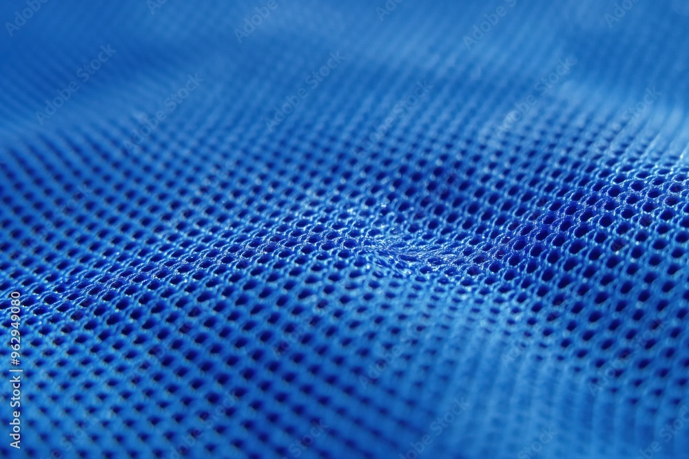 Poster blue fabric with grid pattern texture, blurred background. close-up view of sports clothing material