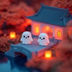 Cute Cartoon Ghosts on Bridge in Front of Japanese House at Night