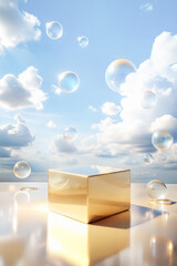 Empty rectangular golden podium surrounded by floating bubbles against blue sky with clouds. Product display background with copy space 