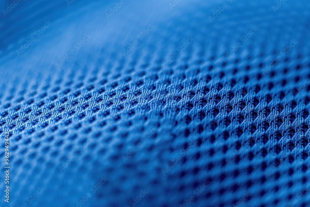 Poster Blue fabric close-up shows grid-like pattern with small holes. Wrinkled texture adds depth and dimension. Blurred background highlights intricate design. Perfect for tech, eco, or fashion projects.