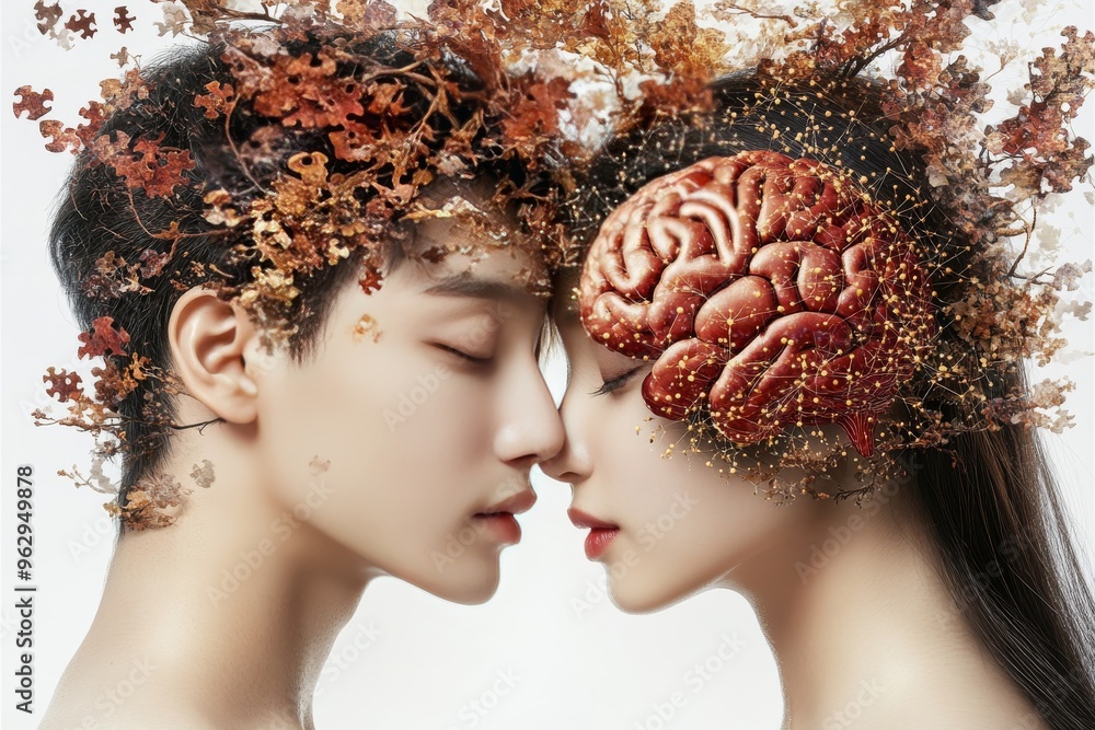 Aufkleber neural cognition glial cell surrealistic portrait with leaves growing from a brain symbolizing the c