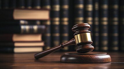 A gavel and law books on the table in front of bookshelves