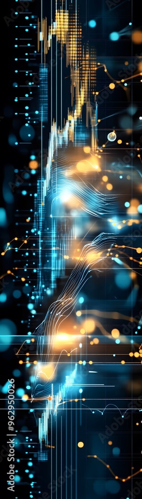 Poster Abstract Data Visualization with Blue and Yellow Lines on a Black Background.