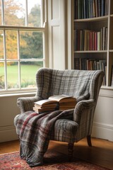 A peaceful reading nook with a comfortable chair, a stack of books, and a blanket draped over