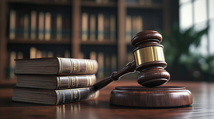 A gavel and law books on the table in front of bookshelves