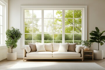 Bright and cozy living room with large windows, modern sofa, and indoor plants, offering a serene and inviting atmosphere.
