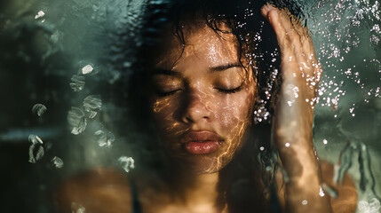 A woman is in the shower, water flows over her face and hair, and sunlight creates a golden rain effect, making the scene truly magical and calm.