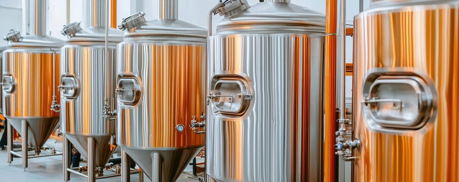 Brewery with workers managing the brewing tanks, showing the detailed procedures in beer production Brewery production, brewing tanks, beer crafting