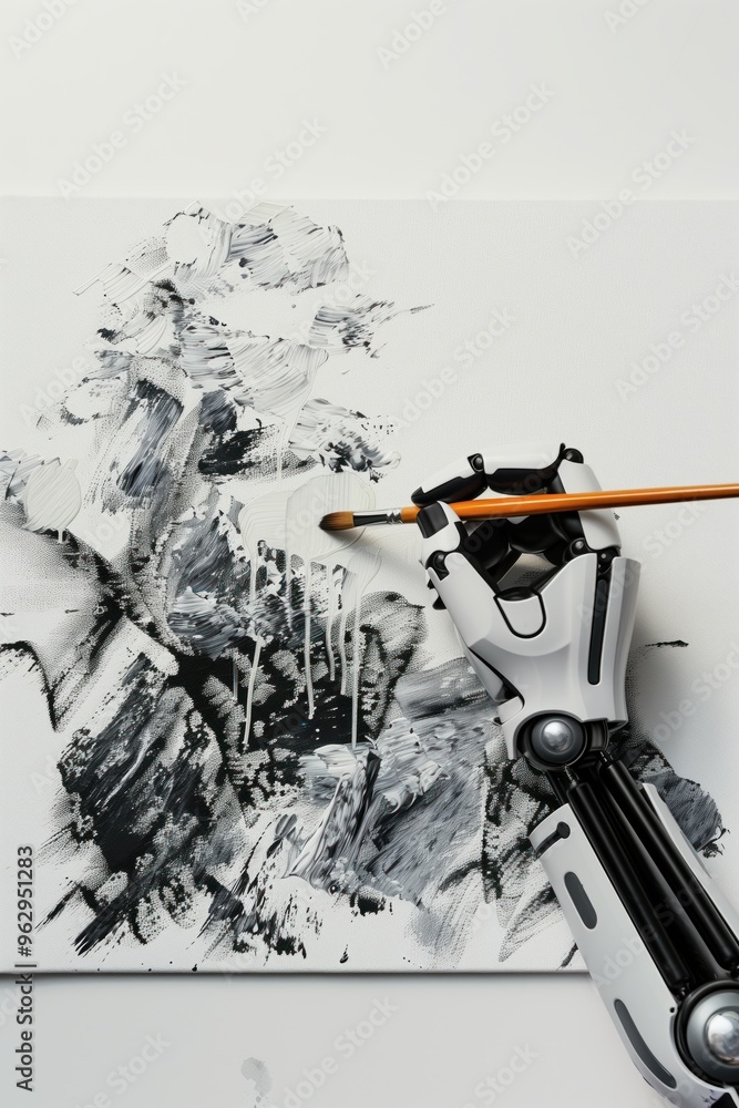Poster cyborg hand holds paintbrush drawing abstract black white art on canvas. robot arm creates dynamic a