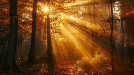 Naklejka premium Golden sun rays streaming through an autumn forest