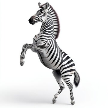 A striking zebra rearing on its hind legs, showcasing its unique black and white stripes in a stunning and dynamic pose.