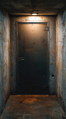 Obraz premium A solitary, weathered metal door stands in a dimly lit, fire-damaged hallway. The rusty metal and peeling paint speak of forgotten times.