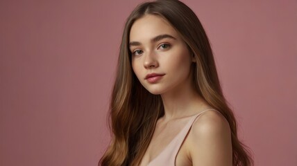 Naklejka premium Young woman with long hair on rosy background 
