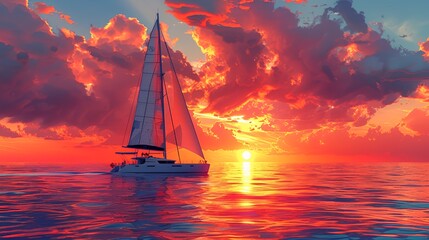 Sailboat on calm water with sunset sky and clouds in fiery colors.