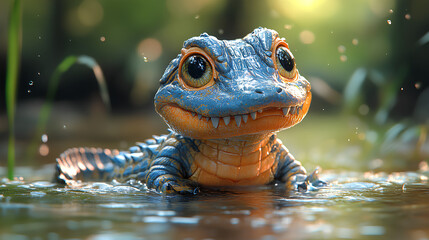 detailed illustration of a cute baby crocodile print in the river