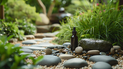 A dark glass bottle with a dropper sits on a smooth, dark stone in a serene garden setting with a pebbled path, lush greenery, and natural light.