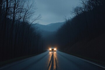 Fototapeta premium A car navigating a winding road illuminated by headlights on a dark night surrounded by trees