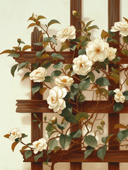  Wooden trellis adorned with white camellias and suspended birdcages, rendered in digital illustration clipart style, embodying the essence of cottagecore aesthetics.