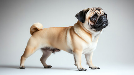 Obraz premium A charming pug standing gracefully, showcasing its distinctive features and playful personality against a soft background.