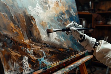 Fototapeta premium Cyborg hand holds paintbrush applying vibrant colors to canvas landscape. Artist hand visible on easel with mixed blue green brown hues. Creative workshop studio concept.