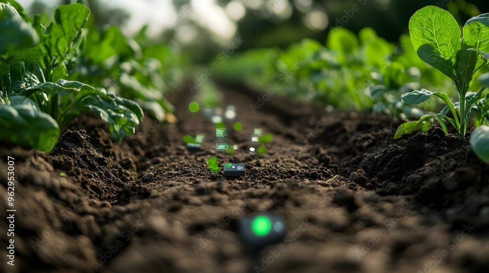 Poster close up of soil sensors collecting data for optimal farming practices