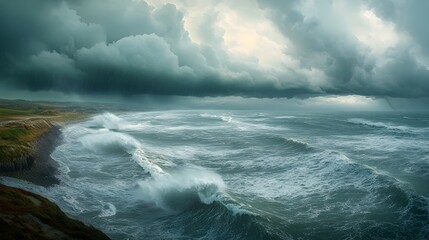 Obraz premium Dramatic Panoramic View of an Approaching Typhoon Sweeping Over a Turbulent Coastal Seascape