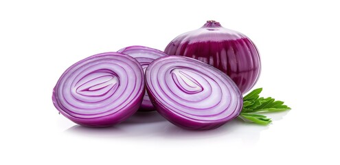 Fototapeta premium Fresh red onion with slices and parsley on white background. Healthy food ingredient.