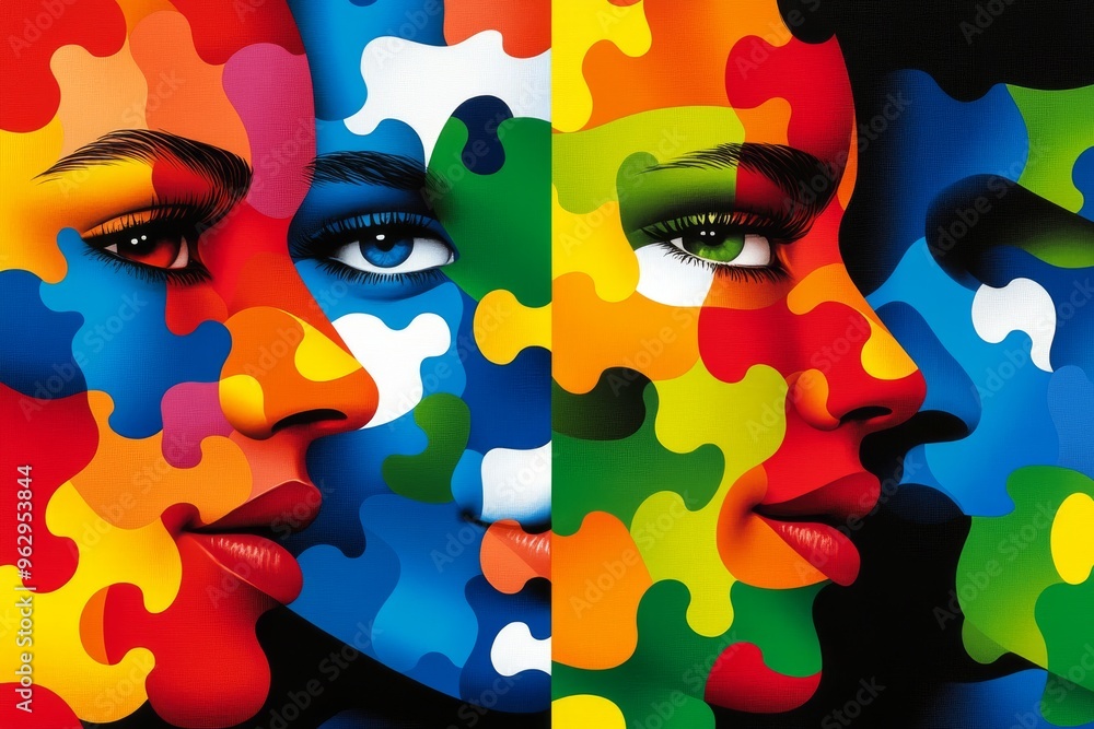 Poster brain function intellectual power vibrant close up portraits of two women with puzzle piece elements
