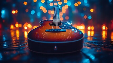 Acoustic guitar in front of colorful bokeh lights.