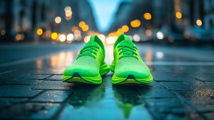 A pair of bright green running shoes sit on a wet city street at night with blurry city lights in the background.