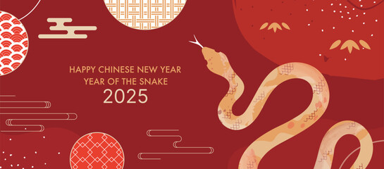2025 Chinese New Year Banner with Golden Snake and Circular Patterns on Red Background for Year of the Snake