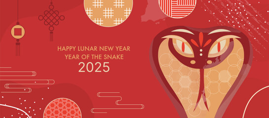 Fototapeta premium Happy Lunar Year Banner Template with Golden Red Snake - Symbol of the 2025 Year of the Snake. Red Background, Oriental Ornaments and Patterns, CNY Decorations. 