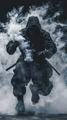 Fototapeta premium Vanishing Act: A cloaked ninja disappears into a swirling cloud of smoke, leaving only a whisper of his presence. 