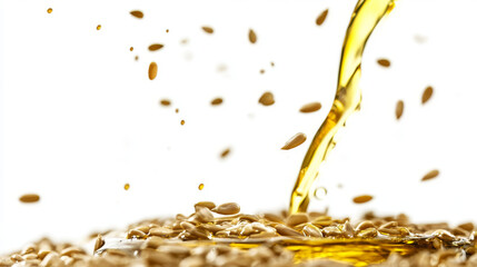 Sunflower seeds falling into cooking oil on a white background.