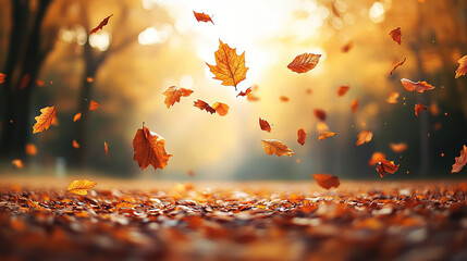 Autumn background with falling leaves on the ground and golden sunlight. Autumn concept, fall season background