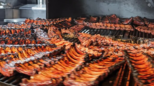 Barbecue ribs being glazed on a smoker grill. A chef applies a glaze to rows of barbecue ribs cooking on a smoker grill.