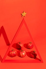 Conceptual Christmas tree with pomegranates on red background