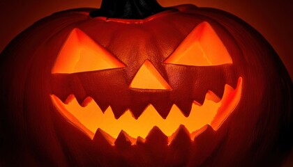 Fototapeta premium Close-Up of a Glowing Jack-O'-Lantern with an Evil Grin, Illuminated from Within, Showcasing Sharp, Angular Eyes. Wide Menacing Smile Bright Orange Pumpkin Against Dark Ominous Background Banner Copy