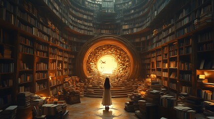 A woman stands before a circular portal in a massive library, surrounded by books and knowledge.