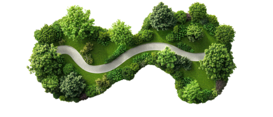 Top view of a winding road surrounded by lush greenery isolate on transparent background, png, cutout