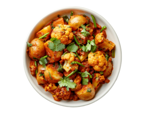 Overhead shot of aloo gobi with potatoes on white background
