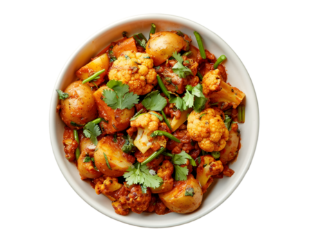 Overhead shot of aloo gobi with potatoes on white background