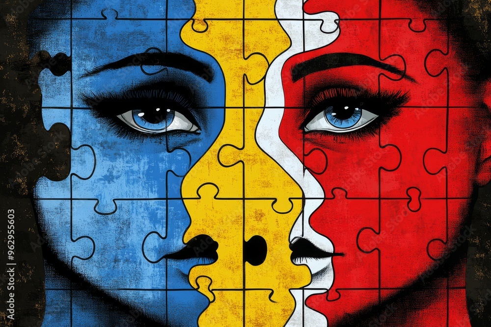 Poster brain strength intellectual power abstract portrait of a face with puzzle pieces symbolizing emotion
