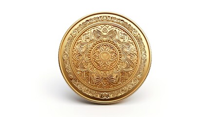 A detailed gold coin with intricate designs on a clean white background.