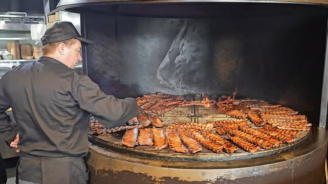 Chef grilling barbecue ribs on a smoker. A chef carefully grills barbecue ribs on a large circular smoker.