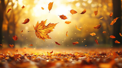 Autumn background with falling leaves on the ground and golden sunlight. Autumn concept, fall season background