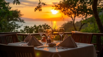 Obraz premium A romantic dinner setting on a patio overlooking a sunset over the ocean.