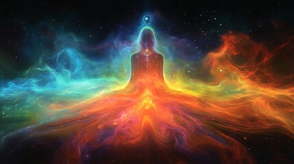 A mystical figure sits in a lotus position, radiating colorful energy against a starry sky, symbolizing spiritual connection and cosmic awareness.